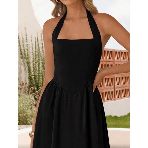 Zesica Womens XL Halter Maxi Dress Black Smocked Back Casual Beach Vacation Sexy - Picture 3 of 10